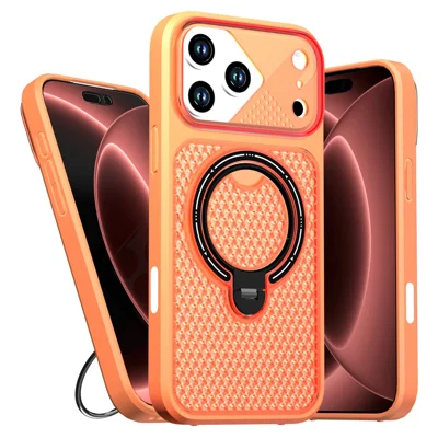 For iPhone 17 Pro Case Ring Kickstand Honeycomb Heat Dissipation PC + TPU Phone Cover - Orange