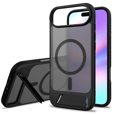For iPhone Air Magnetic Case Ring Kickstand PC + TPU Skin Touch Phone Cover - Black