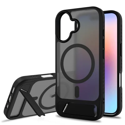 For iPhone 17 Magnetic Case Ring Kickstand PC + TPU Skin Touch Phone Cover - Black