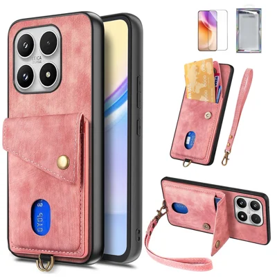 For Xiaomi 17 Case with Tempered Glass Screen Protector Card Holder Retro PU Leather Phone Back Cover - Pink