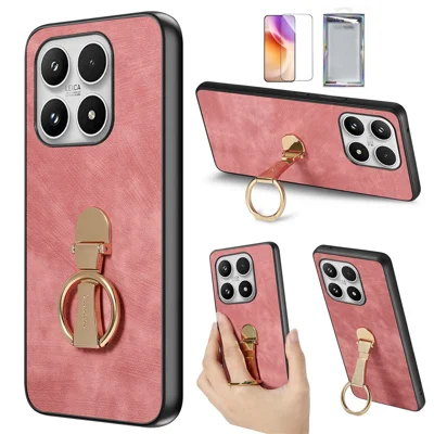For Xiaomi 17 Case with Tempered Glass Screen Protector Folding Kickstand Retro Leather Phone Back Cover - Pink