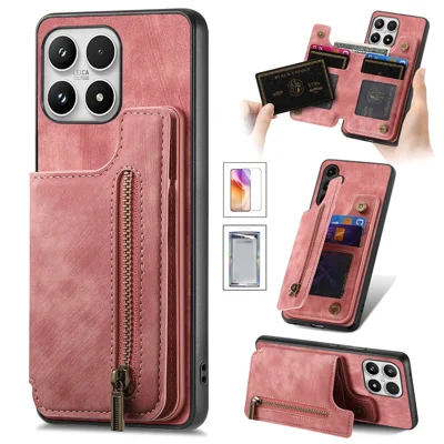 For Xiaomi 17 Case with Tempered Glass Screen Protector Vintage Zipper Card Holder Kickstand PU Leather Phone Back Cover - Pink