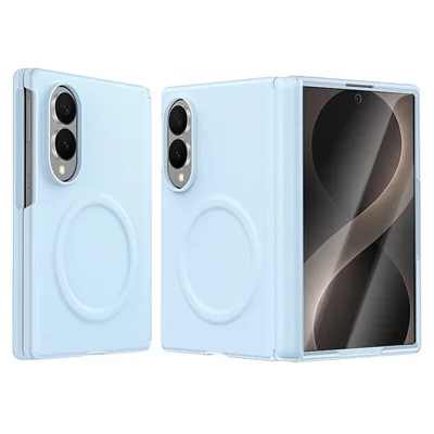 For Samsung Galaxy Z Fold8 Magnetic Case with Tempered Glass Film Magnetic Hinge Protection Faux Leather + PC Phone Cover - Sky Blue