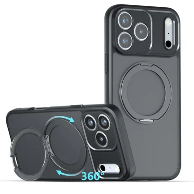 Für iPhone 18 Pro Mattes, hautähnliches magnetisches Case mit 360° drehbarem Ständer, stoßfestes TPU + PC-Telefoncover - Transparent Schwarz