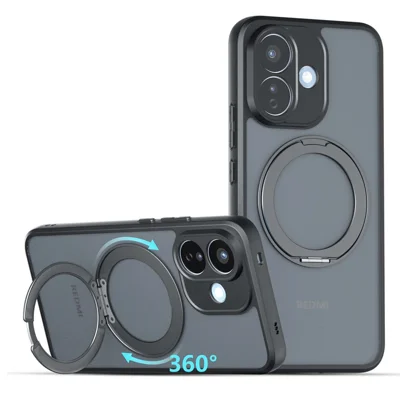 Voor Xiaomi Redmi Note 17 Pro 5G Matte Case met Magneet 360° Draaibare Stand Shockbestendig TPU + PC Hoesje - Transparant Zwart