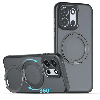 Funda magnética con tacto suave mate para OnePlus Turbo 6 5G / Turbo 6V 5G, con soporte giratorio 360°, resistente a golpes, carcasa de teléfono TPU + PC - Negro transparente