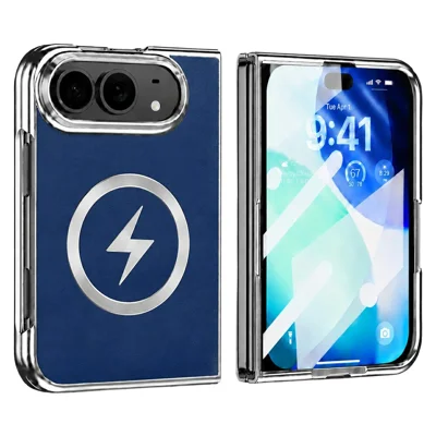 Für iPhone Fold Magnetisches Case Leder + PC Handy-Schutzhülle mit integriertem Displayschutz - Dunkelblau
