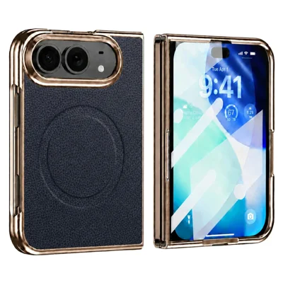 Étui magnétique pour iPhone Fold avec film en verre trempé, étui en cuir texturé type lychee + PC - Noir