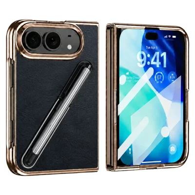 Étui pour iPhone Fold avec film en verre trempé / stylet, revêtement en cuir électroplacé + PC - Noir