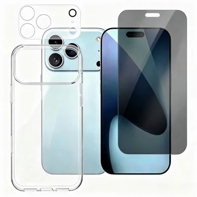For iPhone 18 Pro Max Case 1.0mm Clear TPU Phone Cover + Anti Spy Tempered Glass Screen Film + Camera Lens Protector -  Transparent