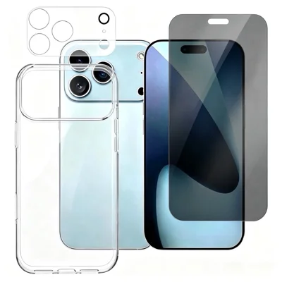 Funda para iPhone 18 Pro, funda transparente de TPU de 1,0 mm + película de cristal templado antiespía + protector de lente de cámara - Transparente