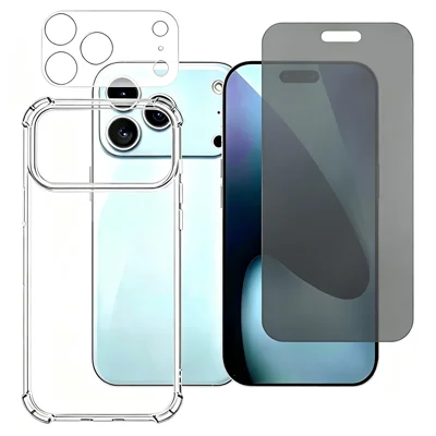 For iPhone 18 Pro Max Case Anti-Drop TPU Phone Cover + Privacy Tempered Glass Film + Camera Lens Protector - Transparent