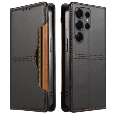  For Samsung Galaxy S25 Ultra Wallet Case External Card Slot Magnetic Closing Leather Phone Cover - Black