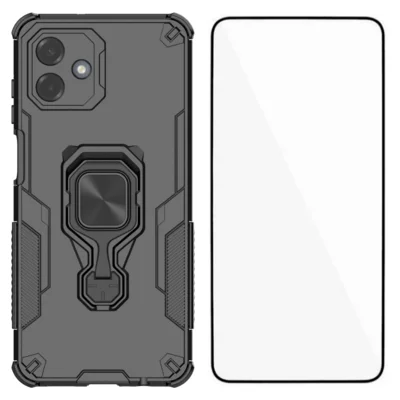  WANLONFENG for Samsung Galaxy A07 4G / Galaxy A08 4G Phone Case  PC TPU Back Cover Kickstand with Tempered Glass - Black