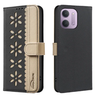 BINFEN COLOR для Xiaomi Redmi 15C 4G (Global) (171 мм) / Xiaomi Poco C85 4G (171 мм) / Xiaomi Redmi 17C 5G BF36 Кожаный чехол с цветочным узором, чехол-кошелек с защитой от RFID, подставка — Черный
