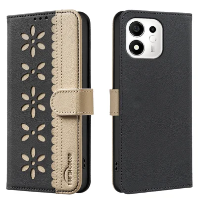 BINFEN COLOR pour Honor X7e Plus 5G / Honor X7e Plus 4G / Honor 600 Smart 5G BF36 Étui en Cuir Motif Floral Portefeuille avec Blocage RFID et Support - Noir