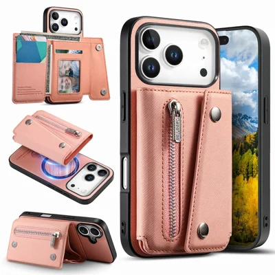 For iPhone 18 Pro  /  17 Pro Magnetic Case Twill Cloth Texture PU Leather Phone Back Cover with Tri-fold Card Holder - Pink