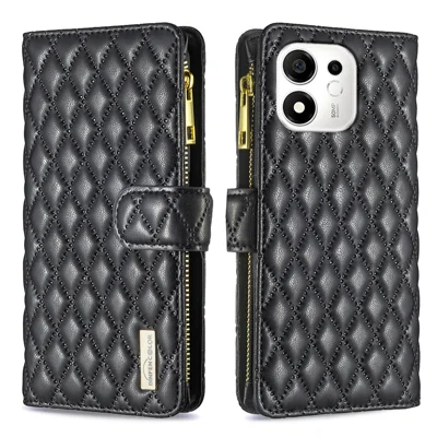 BINFEN COLOR pour Honor X7e Plus 5G / Honor X7e Plus 4G / Honor 600 Smart 5G Étui BF Style-15 en Cuir Poche à Glissière Motif Losange - Noir