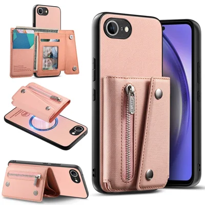 For iPhone 17e  /  16e Magnetic Case Twill Cloth Texture PU Leather Phone Back Cover with Tri-fold Card Holder - Pink