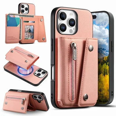 For iPhone 16 Pro Magnetic Case Twill Cloth Texture PU Leather Phone Back Cover with Tri-fold Card Holder - Pink
