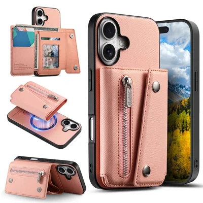 For iPhone 16 Magnetic Case Twill Cloth Texture PU Leather Phone Back Cover with Tri-fold Card Holder - Pink