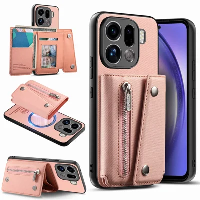 For Oppo Find X9 Pro 5G Magnetic Case Twill Cloth Texture PU Leather Phone Back Cover with Tri-fold Card Holder - Pink