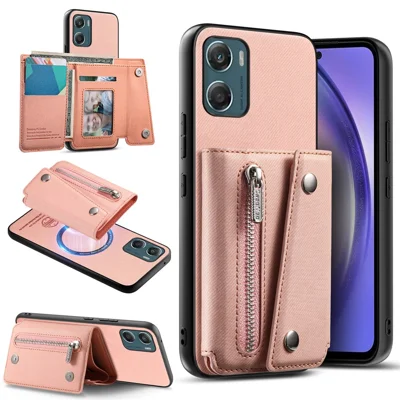 Funda magnética para Motorola Moto G06 4G, carcasa trasera de cuero PU con textura de tela twill y soporte de tarjetas abatible - Rosa