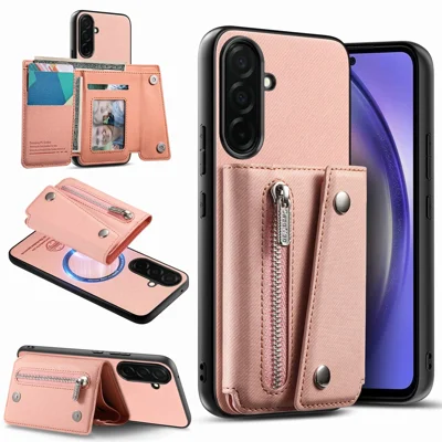 For Samsung Galaxy A35 5G Magnetic Case Twill Cloth Texture PU Leather Phone Back Cover with Tri-fold Card Holder - Pink