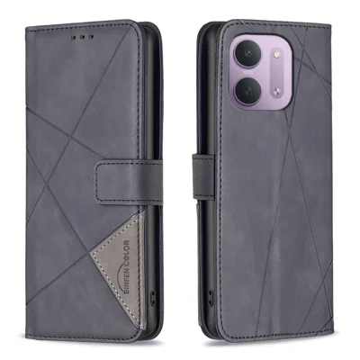  BINFEN COLOR для Xiaomi Redmi 15C 4G (Global) (171 мм) / Xiaomi Poco C85 4G (171 мм) / Xiaomi Redmi 17C 5G Чехол-кошелек с подставкой, геометрический узор, кожаный чехол — Черный