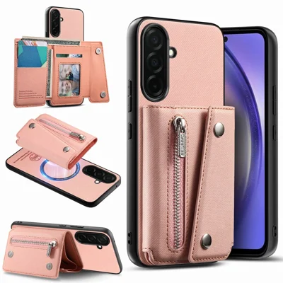 For Samsung Galaxy A27 5G Magnetic Case Twill Cloth Texture PU Leather Phone Back Cover with Tri-fold Card Holder - Pink
