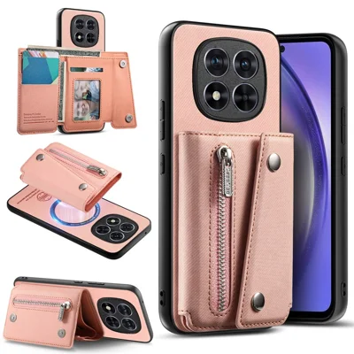 Für Xiaomi Redmi Note 15 Pro 4G (Global) Magnetische Hülle, Köperstoff-Optik, PU-Leder-Handyhülle mit dreiteiligem Kartenhalter – Rosa