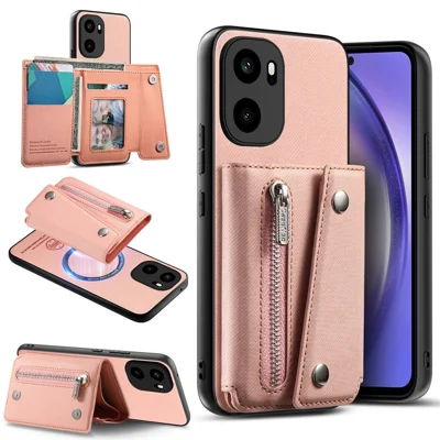 Voor OnePlus Ace 6 5G / Ace 6T 5G Magnetische Hoesje Twill Stofstructuur PU Leer Telefoon Achterkant met Drievoudige Kaarthouder - Roze