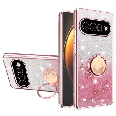 KADEM For Google Pixel 11 Case Ring Kickstand TPU Flowers Phone Cover Gradient Glitter - Rose Gold