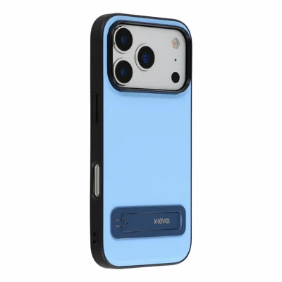 X-LEVEL For iPhone 18 Pro / 17 Pro Case Leather Coated PC TPU Phone Back Cover with Metal Kickstand - Baby Blue