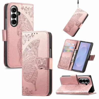 For Samsung Galaxy Z Fold8 Ultra Case with Strap Butterfly Pattern PU Leather Wallet Phone Cover - Rose Gold
