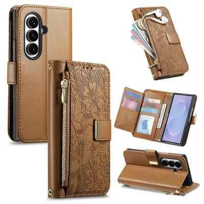 For Samsung Galaxy Z Fold8 Ultra Case Floral Leaf Pattern Multi Card Slots Zipper Leather Phone Cover with Wrist Strap - Brown