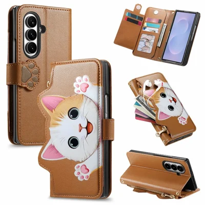 Leather Case for Samsung Galaxy Z Fold8 Ultra Cartoon Cat Pattern Wallet Stand Phone Cover with Wrist Strap - Brown