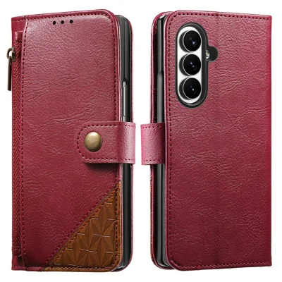 For Samsung Galaxy Z Fold8 Ultra Case Color Splicing TPU PU Leather Flip Shockproof Phone Cover with Wrist Strap - Red