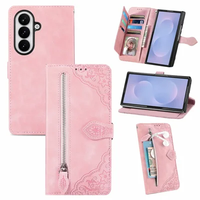 For Samsung Galaxy Z Fold8 Ultra Zipper Wallet Case with Strap Flower Imprint PU Leather Phone Cover - Pink