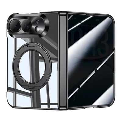 For iPhone Fold Case med Anti-Spy-skærmfilm, Magnetisk Roterende Stand med Elektroplateret PC-telefonbeskytning - Sort