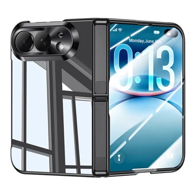 Til iPhone Fold Case med HD Clear Tempered Glass Film, Hinge Kickstand Electroplating PC Phone Cover - Sort