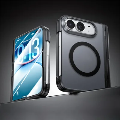For iPhone Fold Magnetisk Case med HD Clear Tempered Glass Film Hinge Stand Frosted PC Anti Drop Telefonbeskyttelse - Sort
