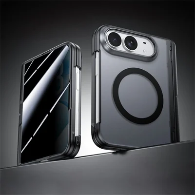 For iPhone Duo Magnetic Case with Anti-Spy Tempered Glass Film Hinge Kickstand Frosted PC Phone Cover - Black