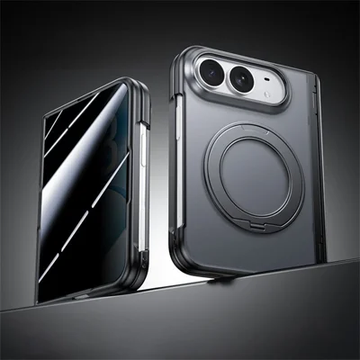 Til iPhone Fold Case med Anti-Spy Hærdført Glas Film Magnetisk Roterbar Stand PC Telefonbeskyttelse - Sort