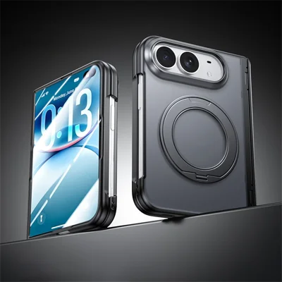 Til iPhone Fold Case med HD Clear Tempered Glass Film Magnetisk Roterbar Stand PC Telefonbeskyttelse - Sort