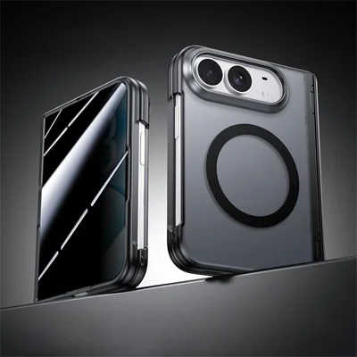 For iPhone Duo Magnetic Case with Anti-Spy Tempered Glass Film Hinge Protection Matte PC Phone Cover - Black