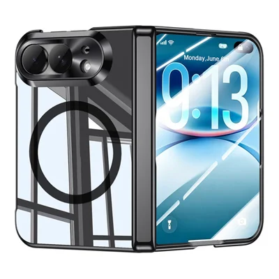 For iPhone Fold Magnetisk Case med HD Clear Tempersliffilm, Hinge Protection Elektrolysepladeret PC Telefonbeskytning - Sort