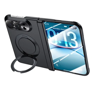 For iPhone Fold Case Magnetisk Roterende Stand Med Hård PC-telefondæksel Med HD Klart Hårdt Glasfilm - Sort