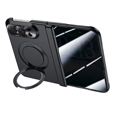 For iPhone Fold Case met Privacy Gehard Glas Folie Magnetische Roterende Standaard Skin-touch PC Telefoonhoes - Zwart
