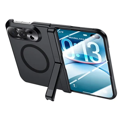 For iPhone Duo Magnetic Case with HD Clear Tempered Glass Film Spring Hinge Kickstand Skin-textured PC Phone Cover - Black